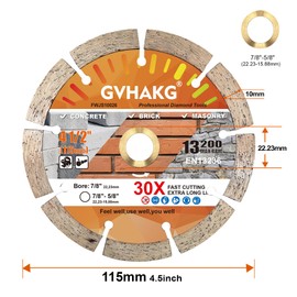 GVHAKG 2x115mm Diamond Cutting Disc,10mm Segmented Concrete Blade for Cutting Concrete Masonry Brick Block Stone With 7/8"-5/8” Arbor (115x10x22.23mm)