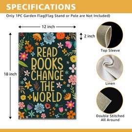 JMYROG Read Books Change the World Garden Flag, Double Sided Yard Outdoor Kids Reading Room Classroom Decor Flag, Bookworms Flag, Book Club Gifts for Teacher Reading Lovers, Funny Book Reading Flag
