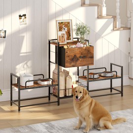 HOOBRO Raised Dog Bowl Stand with 2 Feeding Stations, Elevated Pet Feeding Station with Storage and 2 Hooks, 3-Height Adjustable, for Large Medium Small Dogs, Rustic Brown BF23PO03