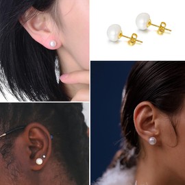 Freshwater Pearl Earrings Real 925 Silver Pearl Stud Earrings White 5 mm 6 mm 7 mm 8 mm 10 mm Freshwater Cultured Pearl Earrings Stud Earrings, Sterling Silver, No Gemstone