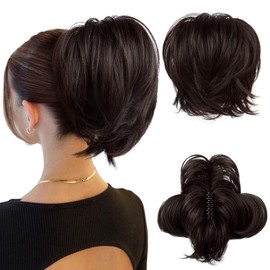 HOOJIH Ponytail Extension, Claw Clip in Straight Hair Bun Messy Bun 9 Inch Short Ponytail Extension with Bendable Metal Wire Hair Pieces for Women Fake Hair Bun DIY Styles - Dark Brown