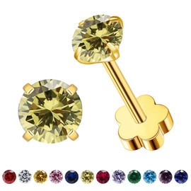 VDKIDKT Flower Screw Back Birthstone Stud Earrings for Women Girls, 3mm G23 Tiny CZ Flat Back Stud Earrings, Screw Back Helix Earrings (Gold, 8.Aug-Peridot)
