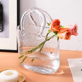 Fixwal Glass Purse Vase for Flowers, Clear Bag Vases with Handle, Unique Cute Handbag Shape Decorative Flower Vases with Fish Bowl for Centerpieces Home Table Shelf Decor Birthday