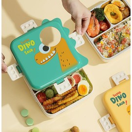 Kids Dinosaur Lunch Box Set, Stainless Steel Compartment Lunch Box 6 grids with Sauce Bowl for Kids|School|Girls|Boys|Leak Resistant Lunch Box (Green)