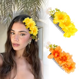 CUBACO 2 PCS Hawaiian Flower Hair Clips for Women Girls, Yellow & Orange Tropical Plumeria Hibiscus Clips for Think Thin Hair, Artificial Flower Accesories for Summer Vacation Beach Party