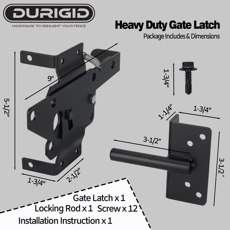 DURIGID Heavy Duty Gate Latch, Gravity Auto-Locking Gate Locks for
