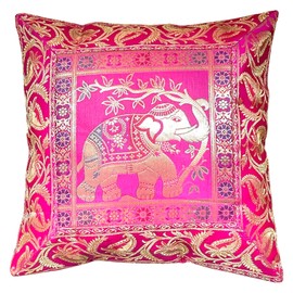 Original Kikan Indian Elephant Mandala Silk Cushion Covers Sari Brocade Boho Home Decor Cushion- Pillow Cases 16”x16” Zip Closure Banarsi | Ethnic - Handmade - Patchwork (pink)