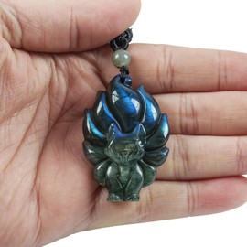 Lovionus89 Natural Fluorite Ninetail Fox Necklace Healing Crystal Gemstone Pendant Protective Amulet Charm, Stone, No Gemstone