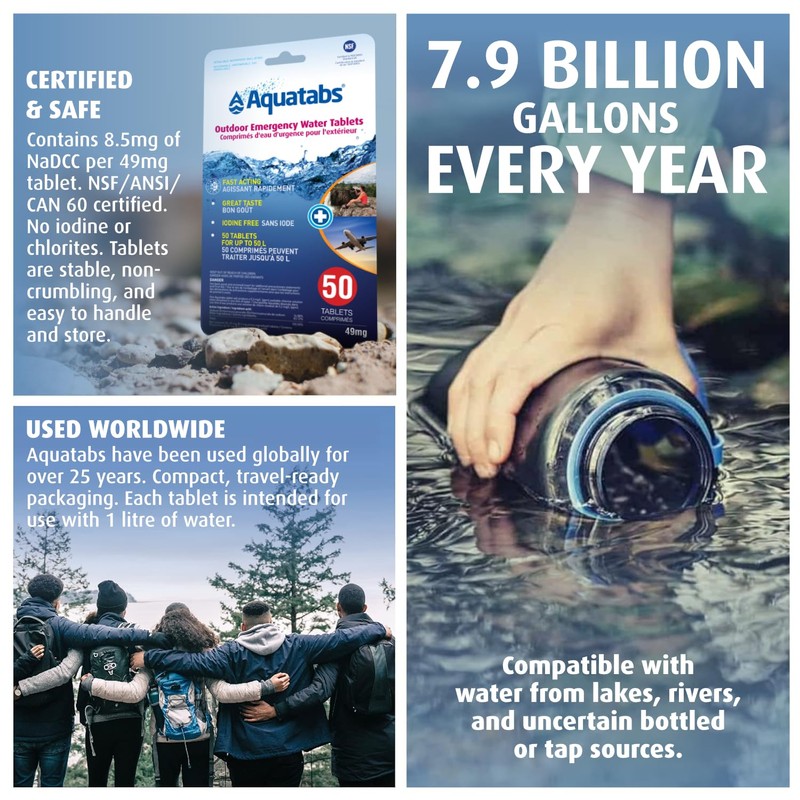 Aquatabs 49mg for 1L Water Treatment Tablets - 50-Pack +