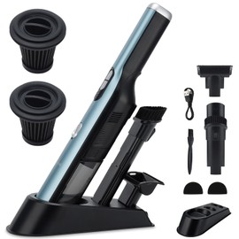 VACFAM Handheld Cordless Vacuum Cleaner, Portable Car Vacuum with 18KPa Suction Power, Quick-Charge Hand Vac with LED Headlight & Storage Dock for Home Office Desk Keyboards Pet Hair, Blue