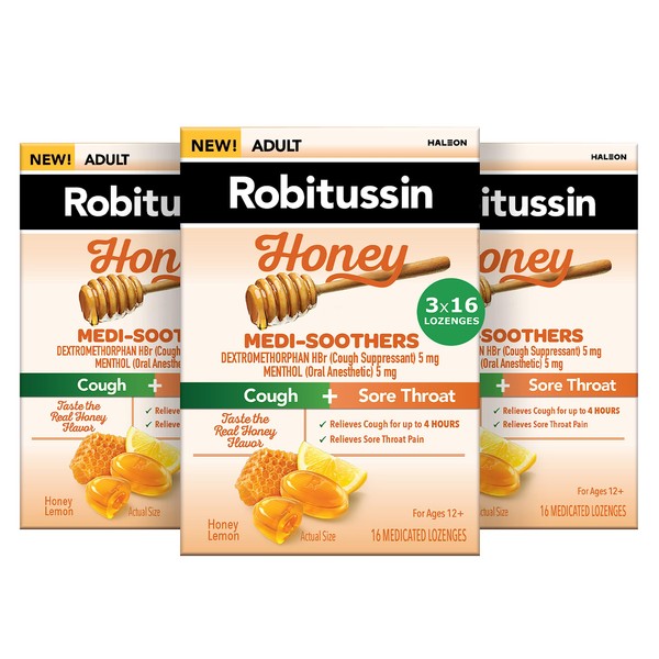 Robitussin Medi-Soothers Honey Lemon Throat Lozenges, Long-Lasting Cough + Sore Throat Pain Relief - 48 Count (3 x 16ct Packs)