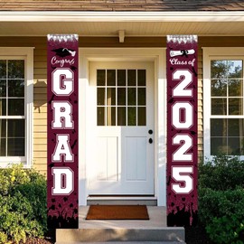 Graduation Decorations Maroon White 2025/Maroon Black Graduation Party Decorations/Congrats Grad Porch Banner for Burgundy 2025 Grad Party Decorations