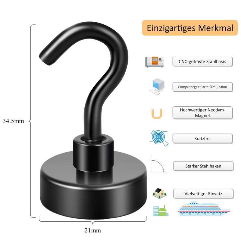 Neosmuk Black Magnetic Hooks, 20 kg High Performance Earth Magnets