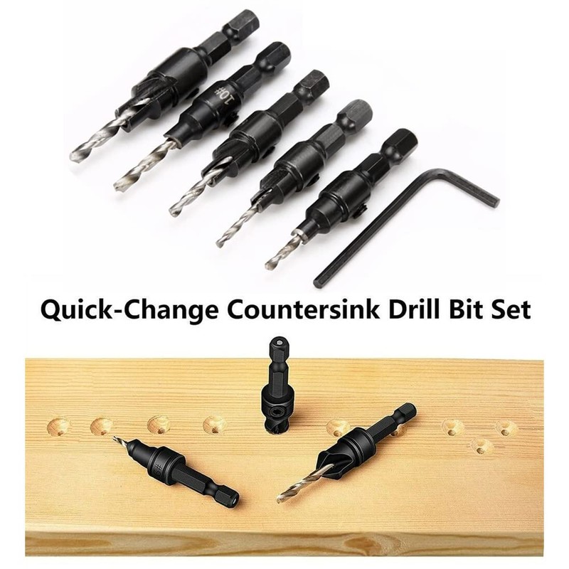 Saipor 5pcs Wood Countersink Drill Bit Set Hex Shank Quick