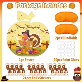 JUESMOS Thanksgiving Pin The Tail on Turkey Game Family Fun Thanksgiving Activity Poster Fall Thanks Giving Party Activities Favor Friendsgiving Games with 24 Turkey Tail Stickers