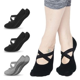 Calcetines de yoga unisex 3 pares, calcetines transpirables elásticos antideslizantes con, ideales para pilates, barra pura, ballet, danza (2 negros y 1 gris)