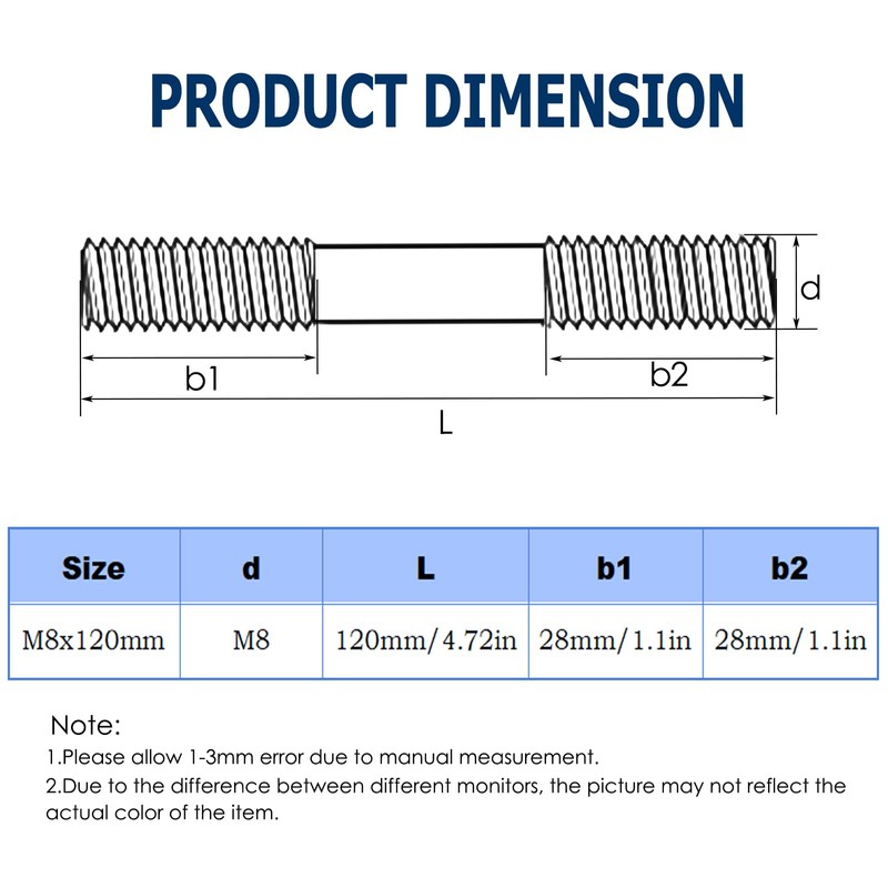 2pcs Double Ended Stud Screws Rod,304 Stainless Steel Double End