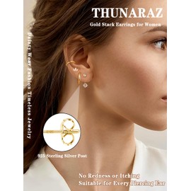 Thunaraz 4pairs Gold Earrings for Women S925 Sterling Silver Earrings for Multiple Piercings Hypoallergenic CZ Heart Earrings Set 14k Gold Cartilage Stud Hoop Earrings for Ladies Golden