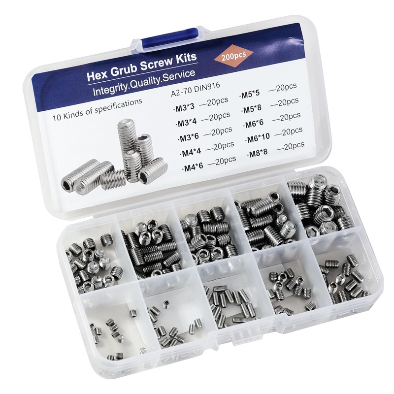 304 Stainless Steel Socket Set Screws Assortment Kit(200Pcs), M3 M4