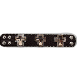 TFJ Women Geniune Leather Bracelet Western Fashion Jewelry Silver Crosses Rhinestones Brown