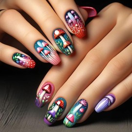 Medium Press on Nails Ballet Shaped Fake Nails with Cute Mushroom Designs Colorful Glossy False Nails Acrylic Full Cover Stick on Nails Artificial Glue on Nails for Women 24Pcs