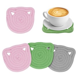 Adorila 3 Pack Cat Coasters for Cat Lovers, Cotton Woven Small Drink Coaters for Coffee Table Decor, Absorbent Tea Coaster for 4.4" Cups