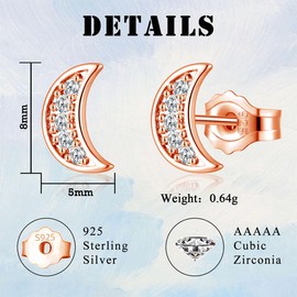 Kamise Stud Earrings Silver 925 Ladies Girls, Rose Gold Studs with Jewellery Box, Hypoallergenic Moon Zirconia Stud Earrings, 8mm Sleeping Stud Earrings for Kids, Stud Earrings Silver 925 Ladies Girls