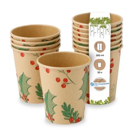 BIOZOYG Pack of 50 Brown Coffee Cups Paper Cups Winter Motif 'Branches' 200 ml / 8 oz - Environmentally Friendly Recyclable & Unbleached - Coffee Cups to Go