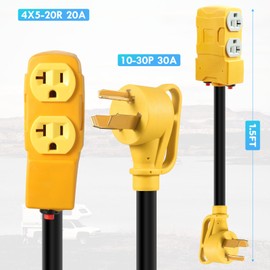 30 Amp to 20 Amp 110V RV Distribution Adapter,NEMA 10-30P to NEMA 4X 5-20R/ 5-15R RV 3Prong to Mutiple Household Outlet w/ 20Amp Circuit Breaker RV Generator Distribution Cord 1FT