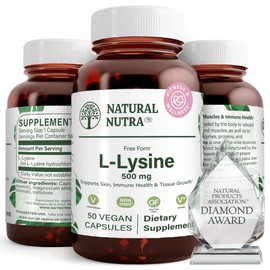Natural Nutra L Lysine HCl, Promotes Bone Health and Growth, Support Skin Health, Improve Vitamin C Absorption, Helps Built Collagen, Improve Calcium Absorption, Non-GMO, Vegan, 500 mg, 50 Capsules.