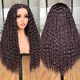Lizzy Curly Lace Front Wigs for Black Women Kinky Curly Afro Wigs Pre Plucked with Baby Hair Long Curly Synthetic Glueless Lace Frontal Wigs 26inch… (Dark Brown)