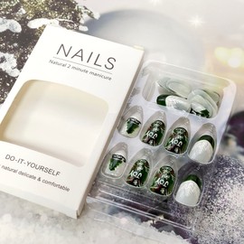 24Pcs Almond Press on Nails Christmas Tree Glue on Nails French Tip Fake Nails Green Full Cover False Nails Glossy Green with French Alphabet Design Medium Length Acrylic Nails for Women Girls