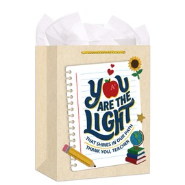 D4DREAM Teacher Appreciation Gift Bags - 11.5'' Medium You Are the Light Teacher Gift Bag with Handles and Tissue Paper for End of Year Graduation Retirement Party Supplies