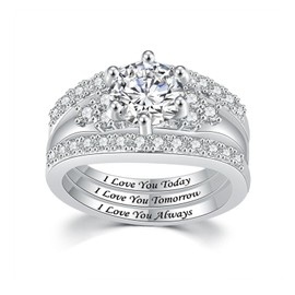 Vinoya 18K White Gold Plated Engagement Rings Set 7MM Cubic Zirconia Rings Three-in-One Engagement Bridal Promise Wedding Band for Women Men Size 8