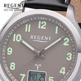 REGENT Men's Radio Controlled Watch Titanium Analogue Digital with Leather Strap and Arabic Numerals, grey/black, Strap.