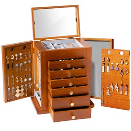 ProCase Large Jewelry Box, 7-Layer Wooden Jewelry Boxes for Women, Jewellery Holder Organizer Storage Case with Mirror for Earrings Necklace for Dresser -Brown