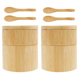 2Pcs Bamboo Spices Storage Cellar with Magnetic Lid Wide Mouth Double Layers Salt Spice Box Multipurpose Rotatable Salt Container Holder for Kitchen Countertop Claumeng(2,Log Color)