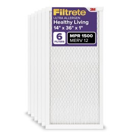 Filtrete 14x36x1 AC Furnace Air Filter, MERV 12, MPR 1500, CERTIFIED asthma & allergy friendly, 3 Month Pleated 1-Inch Electrostatic Air Cleaning Filter, 6-Pack (Actual Size 13.81x35.81x0.78 in)