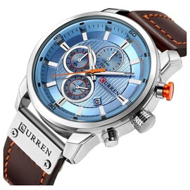 Gosasa Men Sport Chronograph Quartz Watch Brown Leather Strap Date 30M Waterproof Military Male Wrist Watch (Silver & Blue)