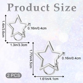 2pcs Star Carabiner, Silver Carabiner Clip, Zinc Alloy Star Shaped Keychain Clip, Heavy Duty Keyring Hook for Camping Hiking Fishing Traveling Key Chain Clip Accessories Outdoor (2 Sizes)