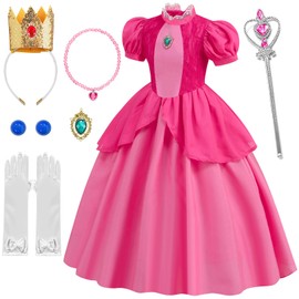 Mooedcoe Princess Peach Costume Girls Toddlers, Kids Cosplay Princess Peach Dresses with Accessories, Pink Princess Birthday Dress Up (7-8 Years)