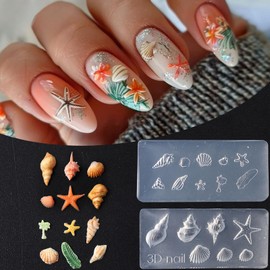 JFIYUOMCI 2PCS Ocean Nail Molds, Silicone Nail Art Molds, Sea Life Nails Art Design - Shell, Starfish, Palm Tree, Carving Template Nail Charms Stamps for Women Summer DIY Resin Manicure Supplies