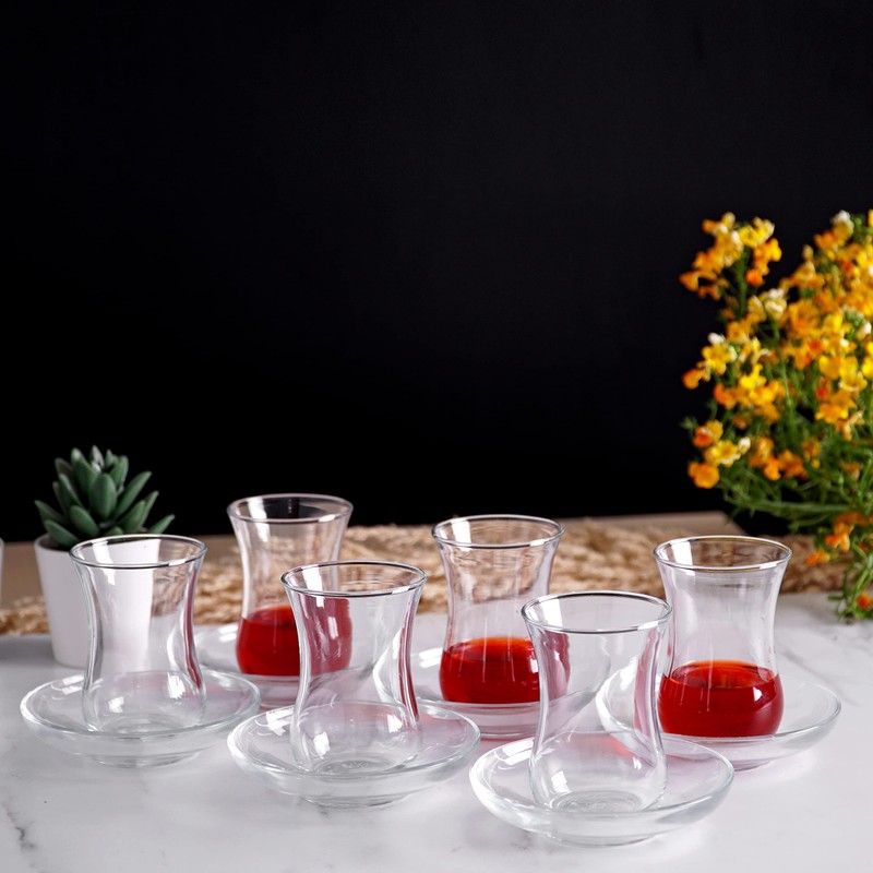 BullyBae Turkish Tea Glasses and Saucers Set (12 Pieces), Arabic