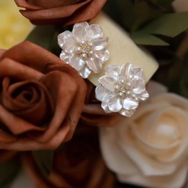 HETICA Classy Pearl Flower Stud Earrings for Women, Simplicity Flower White Pearl Camellia Stud Earrings Cubic Zirconia Earrings Jewelry Gifts