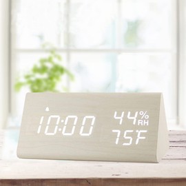 Digital Alarm Clock, with Wooden Electronic LED Time Display, 3 Alarm Settings, Humidity & Temperature Detect, Wood Made Electric Clocks for Bedroom, Bedside (White)