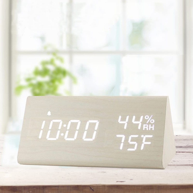 Digital Alarm Clock, with Wooden Electronic LED Time Display, 3
