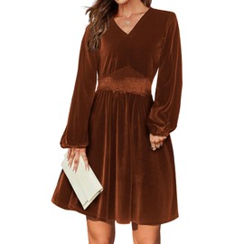 Zeagoo Women's Elegant Velvet Dress Winter Dress Long Sleeve V-Neck A Line Dress Casual Dress High Waist Midi Dress Christmas Dress S-XXL, brown