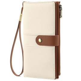 GAEKEAO Women's Large Capacity RFID Blocking Leather Soft Purse with Multiple Card Slots and Zip Coin Purse, Type 2 white brown
