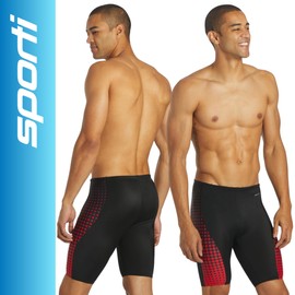 Sporti Men's Athletic Swimwear Jammers, Suitable for Big Boy & Youth Competitve, Abstract Print Jammers, Drawstring Waist - Molecule Piped Splice - Red/Black - 22