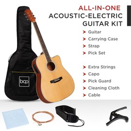 Best Choice Products Beginner Acoustic Electric Guitar Starter Set 41in w/All Wood Cutaway Design, Case, Strap, Picks - Natural